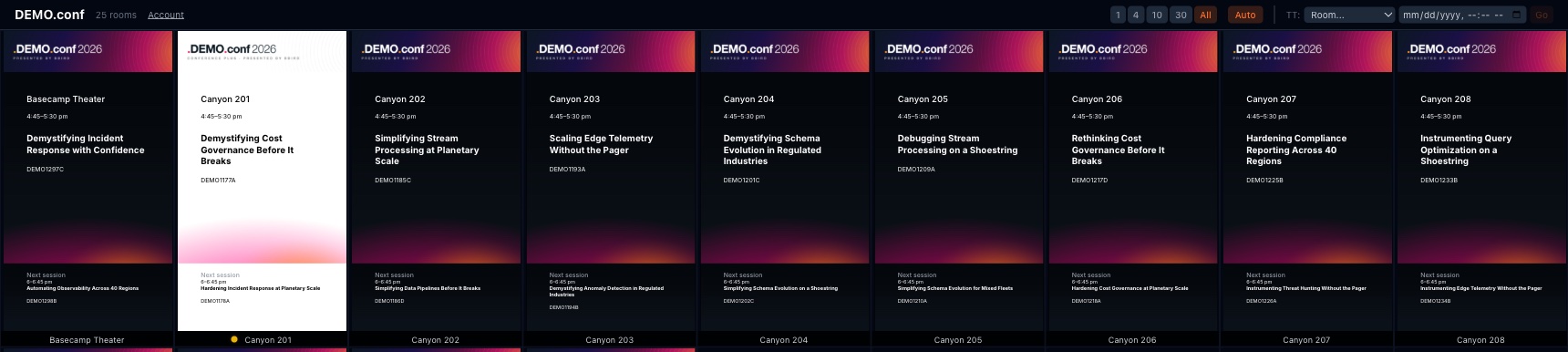 The ops console's live wall — every room at a glance